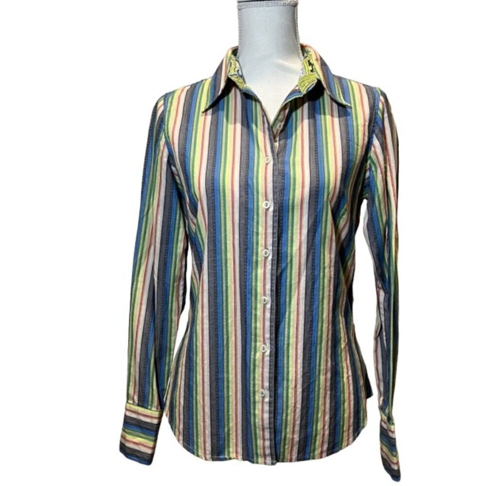 Peck & Peck Striped Button Down With Contrast Print Cuff Collared Shirt Size 6